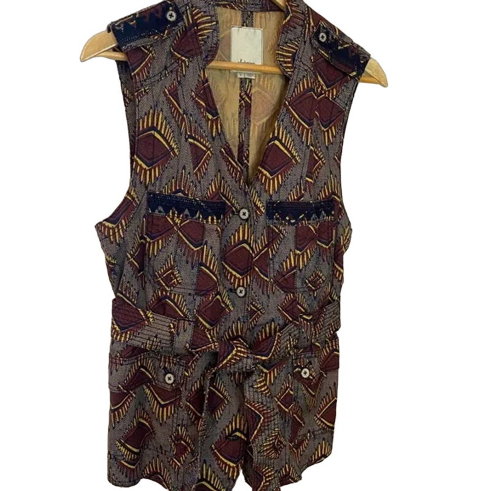 ANTHROPOLOGIE ELEVENSES Tribal Geometric Print Maroon Gold Belted Button Vest XS - Picture 11 of 11